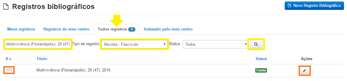 Tela para acessar a edição de registro fonte